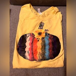 Plus Size Women’s 3X Large Canvas Bella T-shirt. Colorful Pumpkin On Yellow